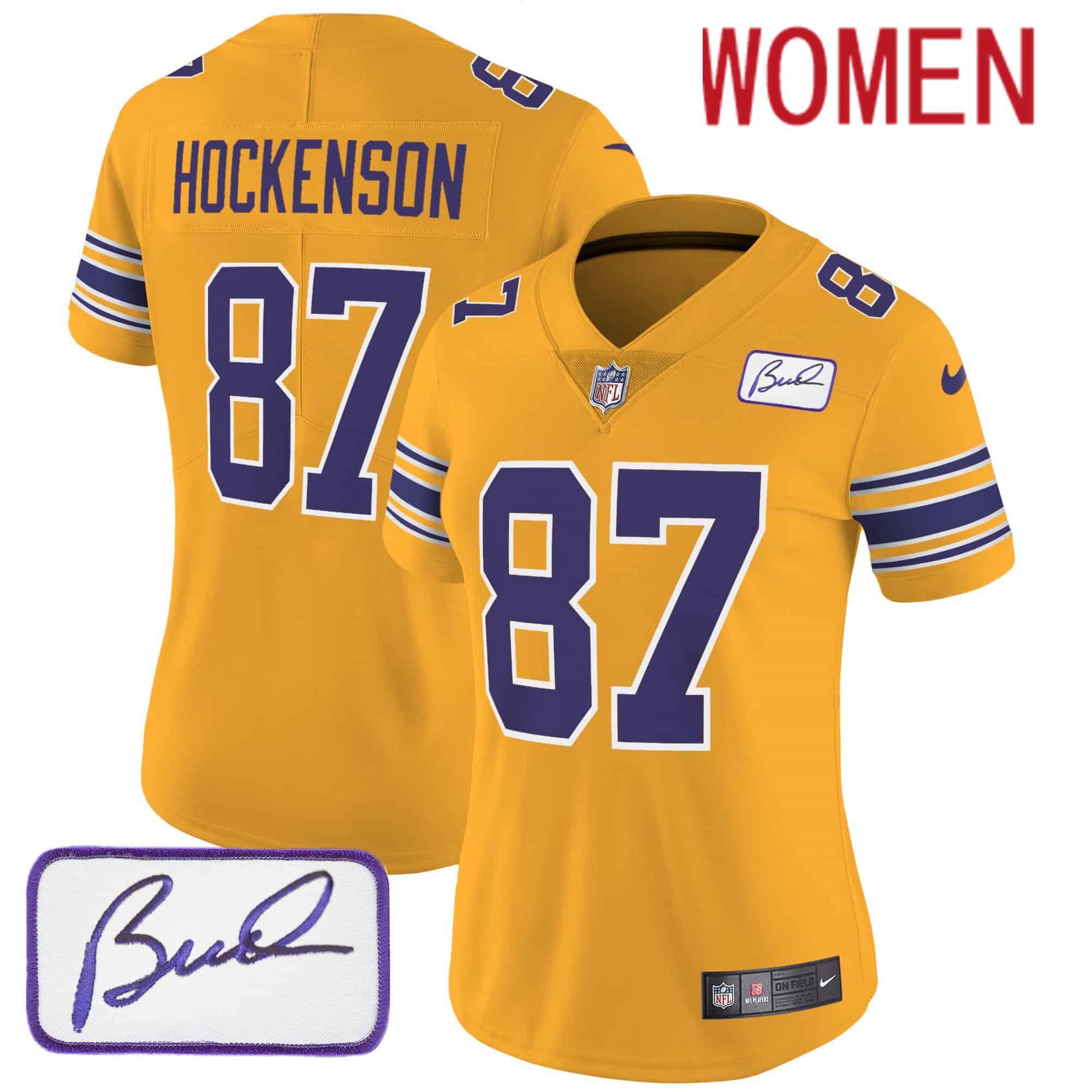 Women Minnesota Vikings #87 Hockenson Yellow 2024 Nike Bud Grant Patch Classic Limited NFL Jersey->women nfl jersey->Women Jersey